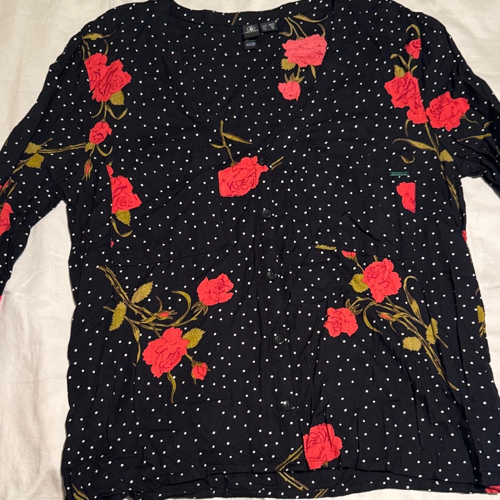 Volcom Black and Red Floral Blouse